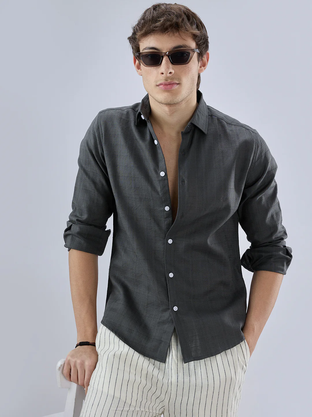 Charcoal Grey Micro Frid Textured Shirt - Image 2