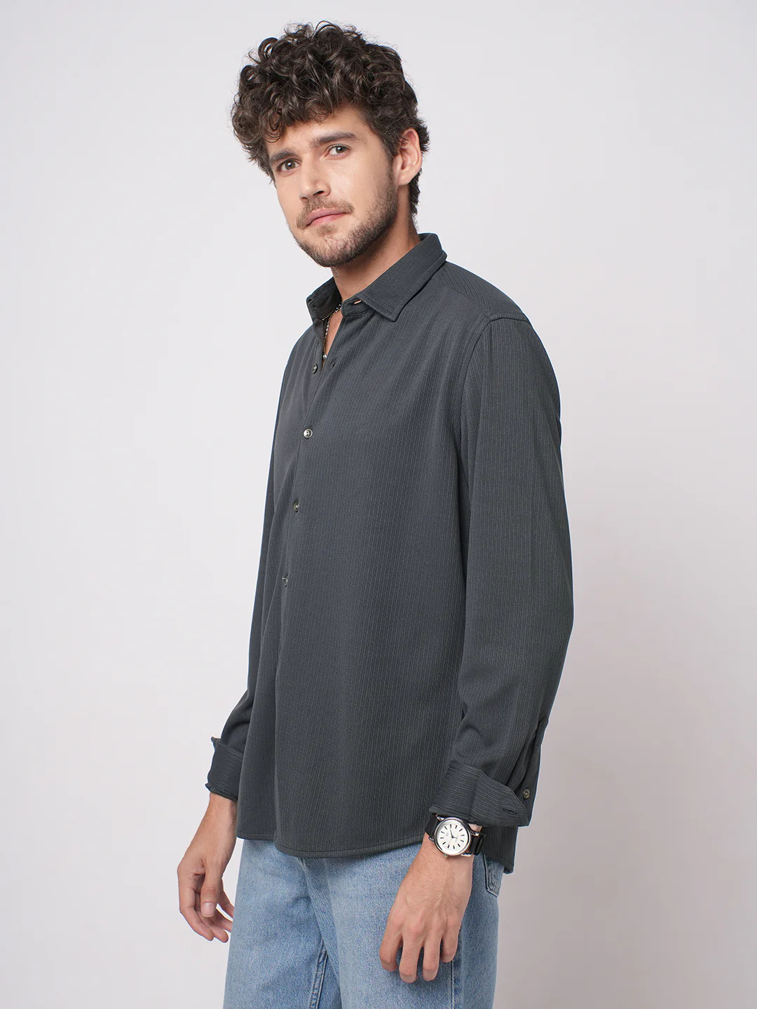 Charcoal Grey Serene Pinstripe Knitted Shirt - Image 4