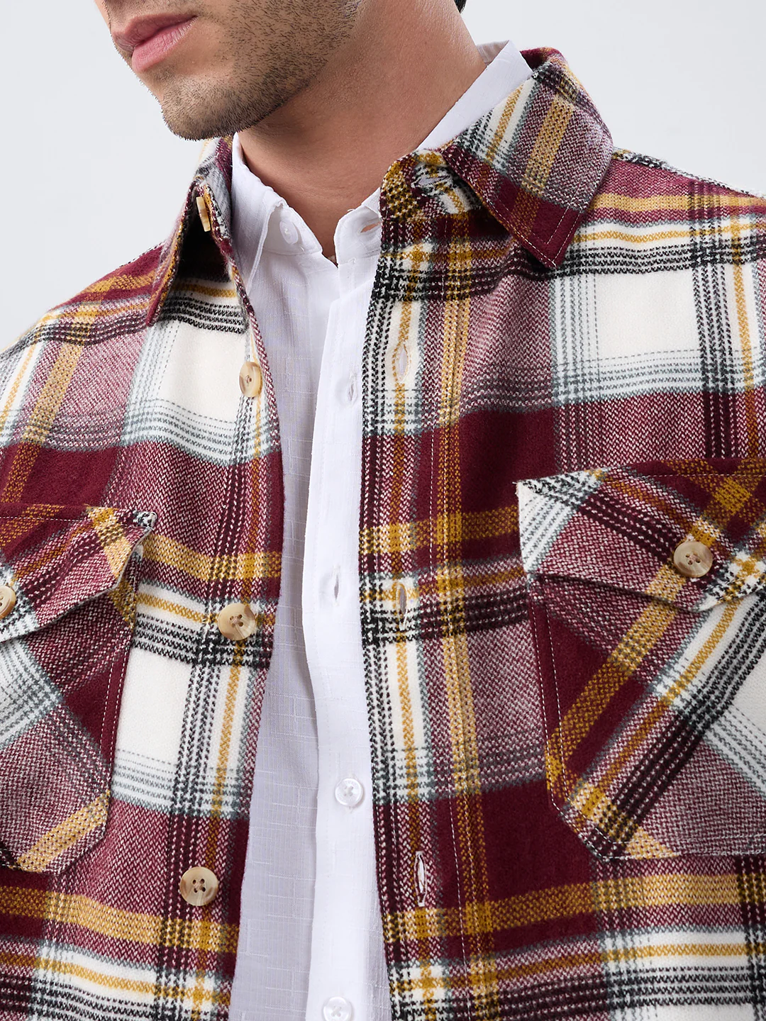 Cherry Red & White Checks Double Pocket Flannel Shirt - Image 3