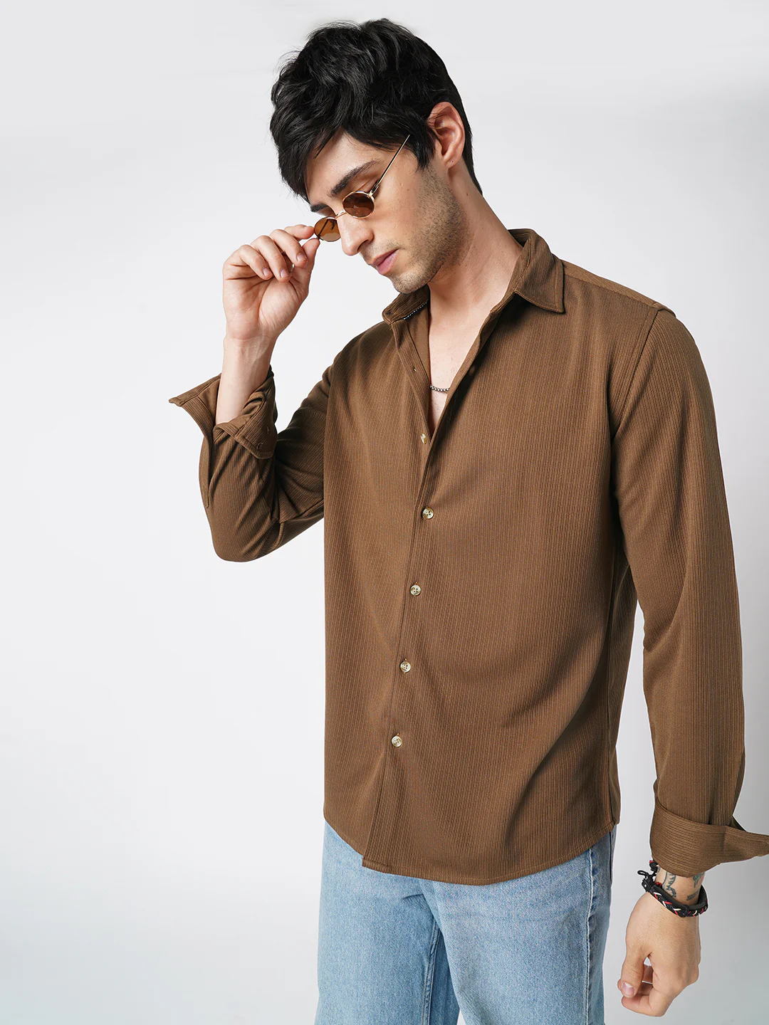 Chocolate Brown Pencil Stripe Knit Shirt - Image 2