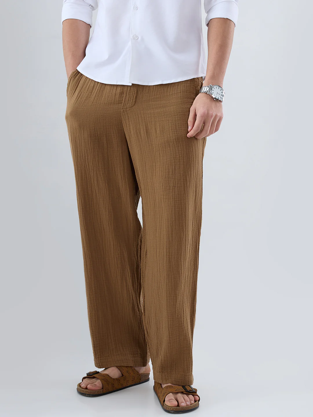Classic Caramel Brown Double Cloth Straight-Fit Trousers - Image 5