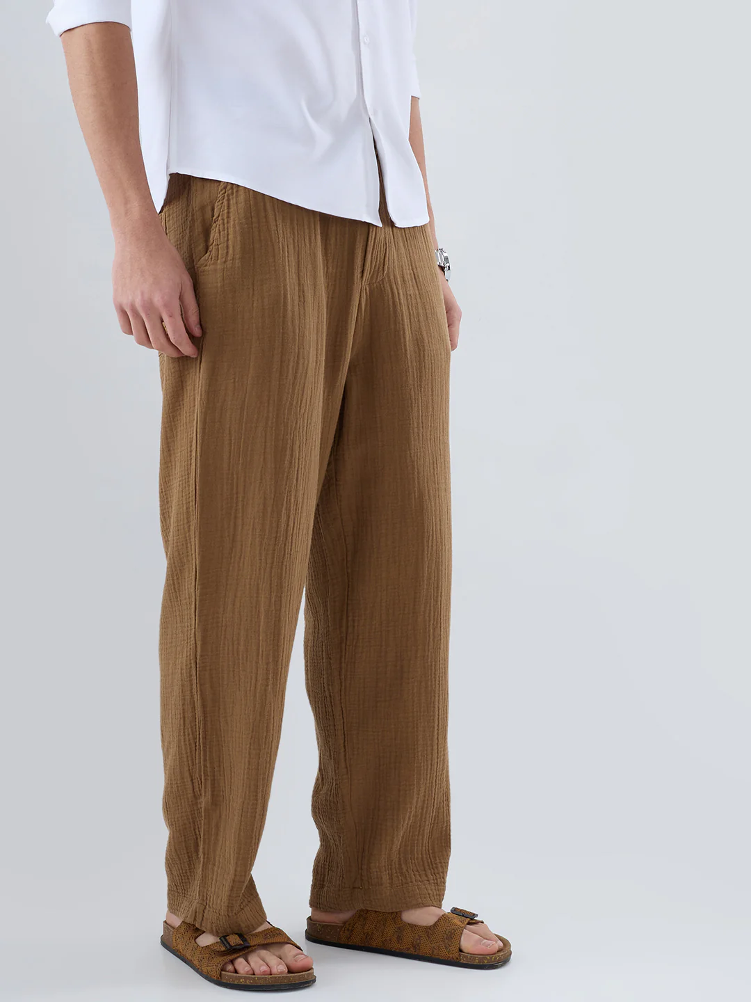 Classic Caramel Brown Double Cloth Straight-Fit Trousers - Image 7