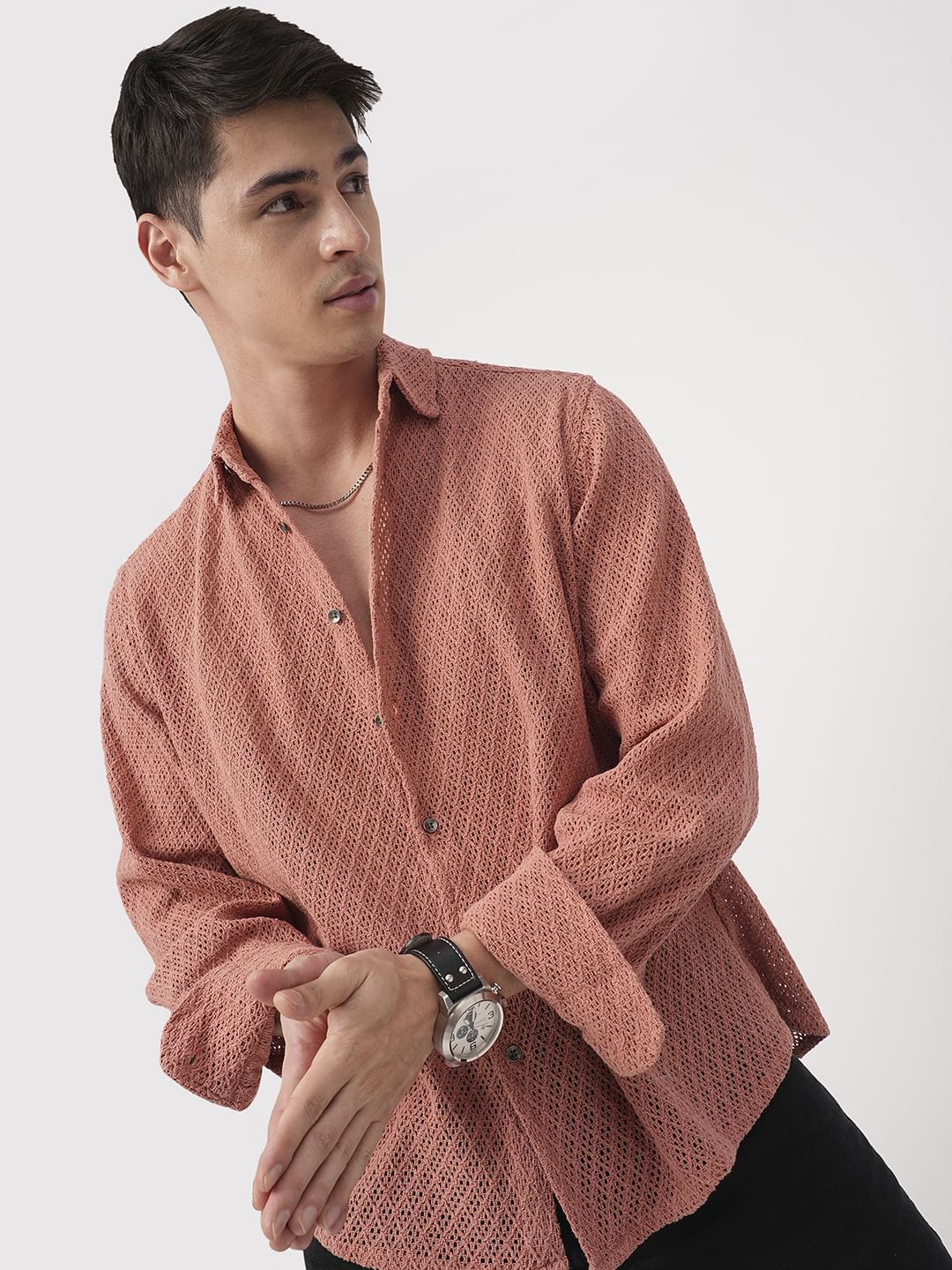 Classic Coral Crochet Cropped Shirt - Image 2