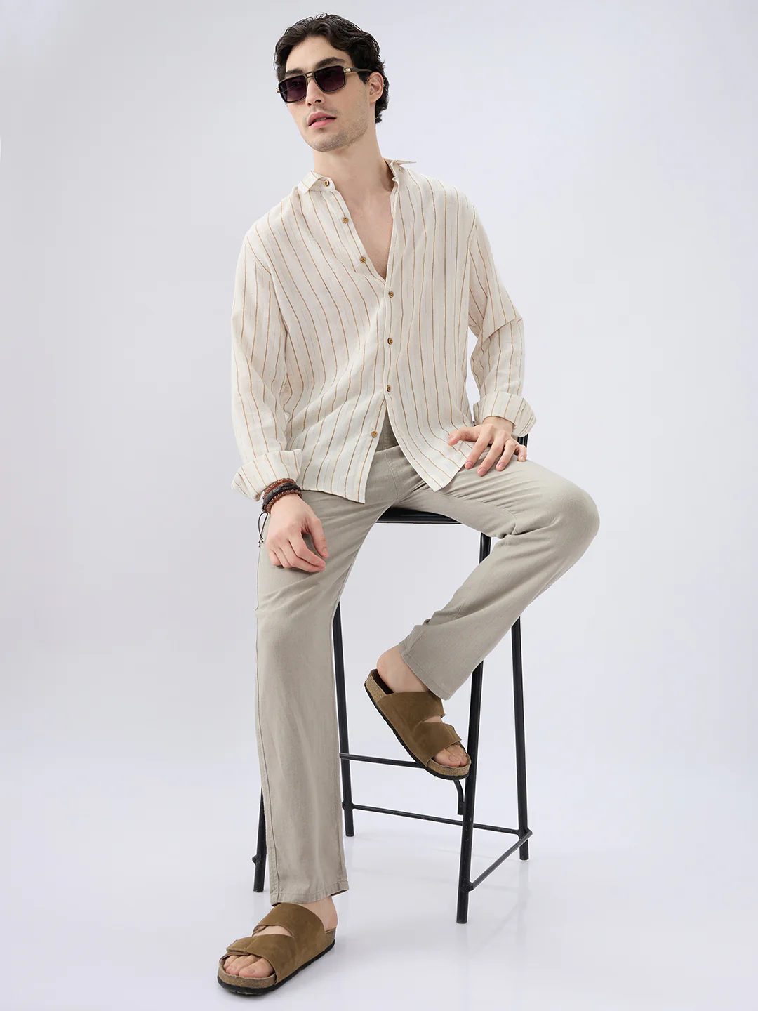 Classic Grainy Beige Striped Linen Blend Shirt - Image 8