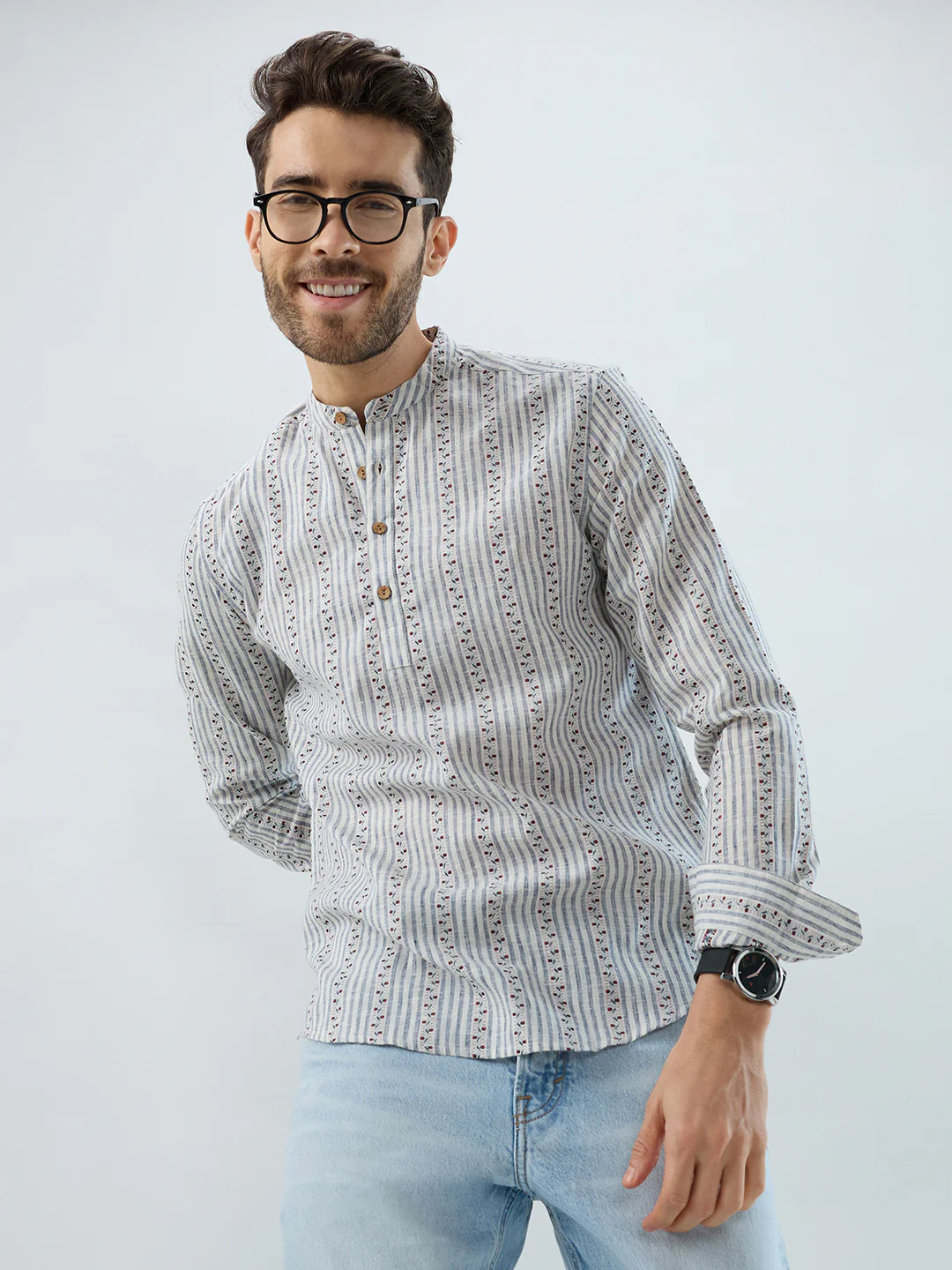 Coastal Mist Linen Blend Striped Kurta - Image 2