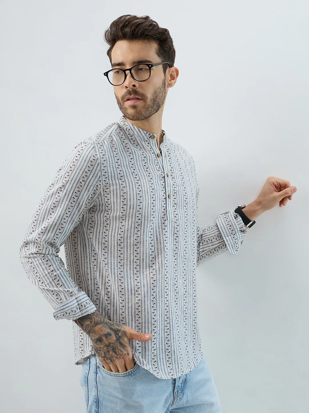 Coastal Mist Linen Blend Striped Kurta - Image 5