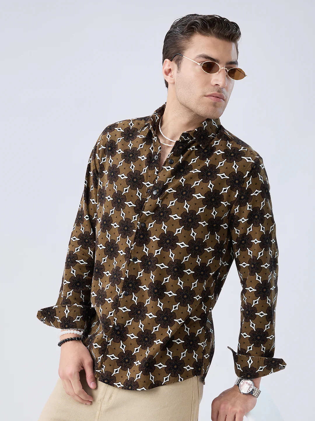 Coffee Brown Floral Bloom Corduroy Shirt