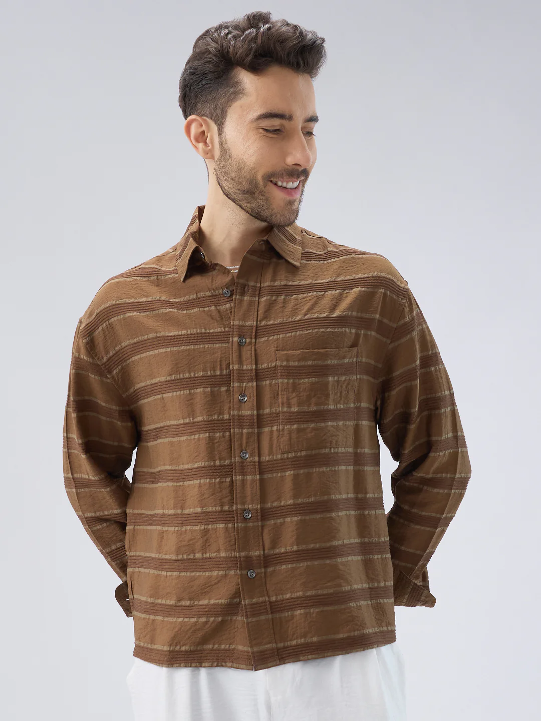 Coffee Brown Textured Boxy Fit Crop Shirt - Image 5