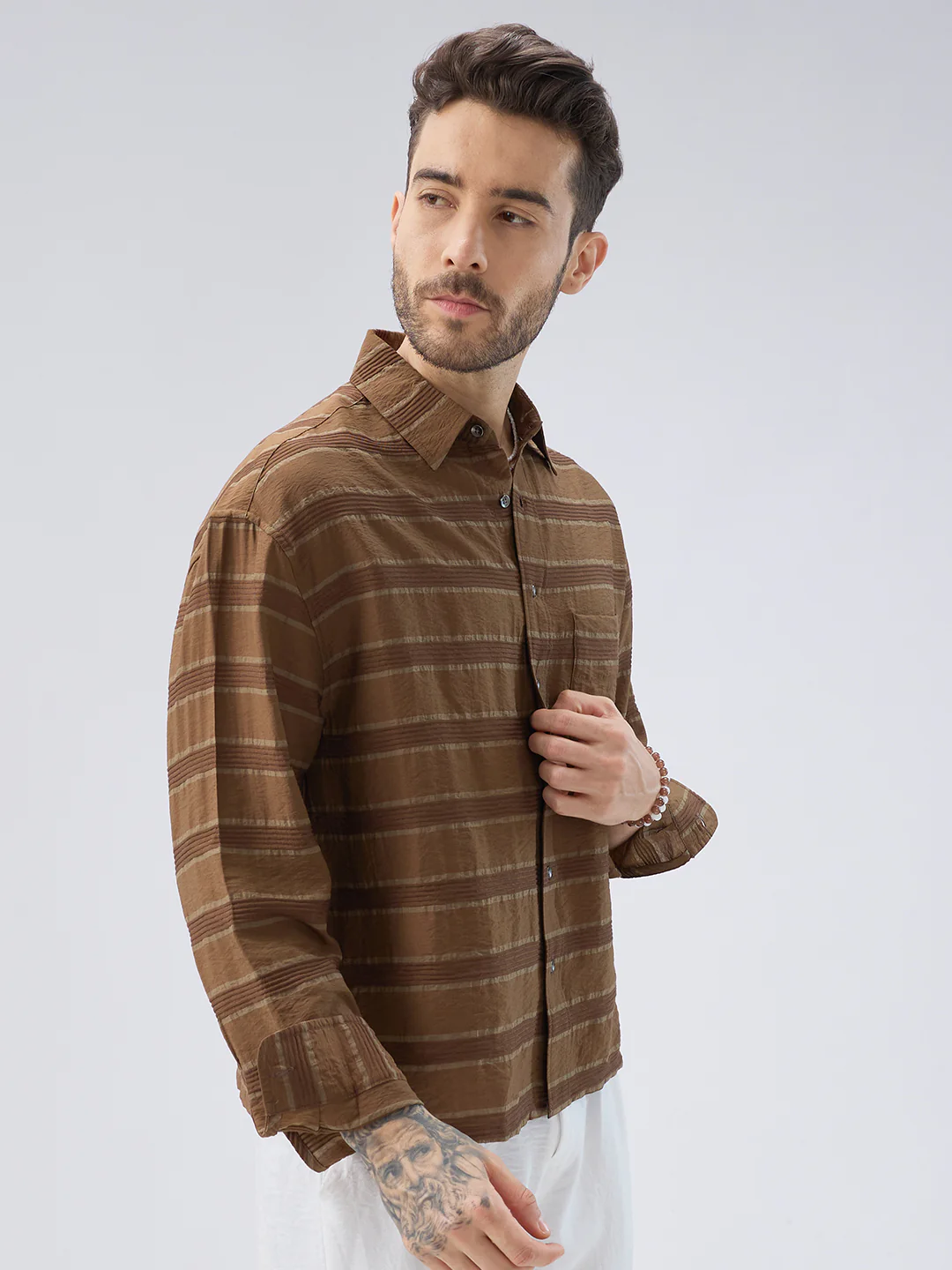 Coffee Brown Textured Boxy Fit Crop Shirt - Image 6
