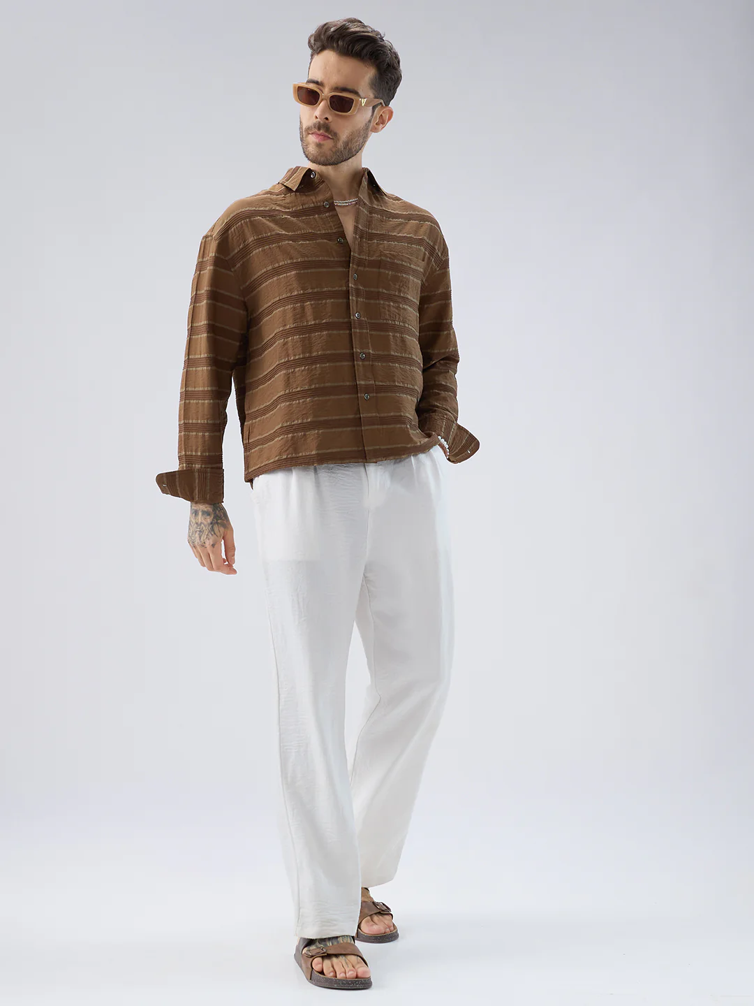 Coffee Brown Textured Boxy Fit Crop Shirt - Image 8