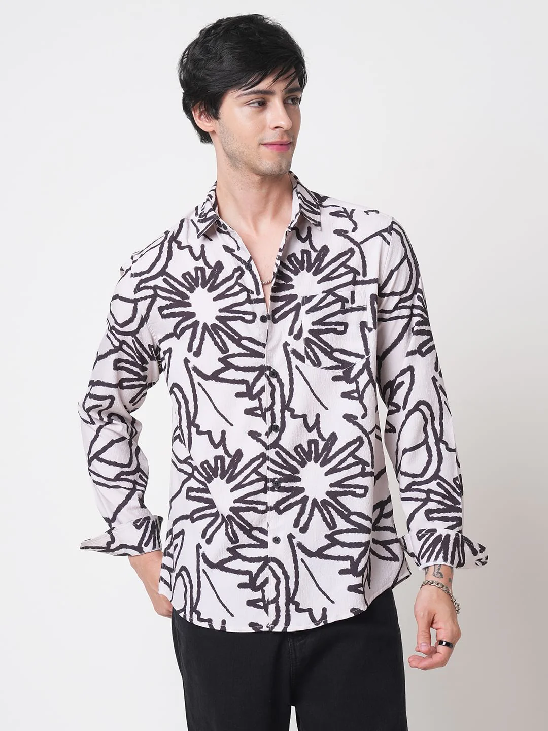 Cream & Black Abstract Printed Creased Shirt - Image 5