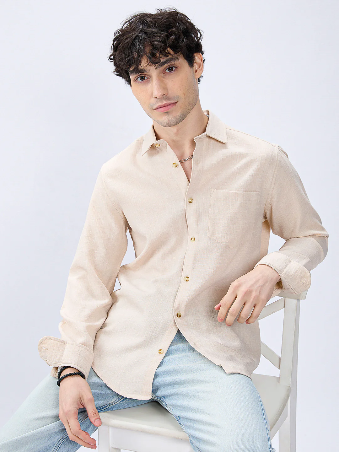 Cream Slub Textured Shirt