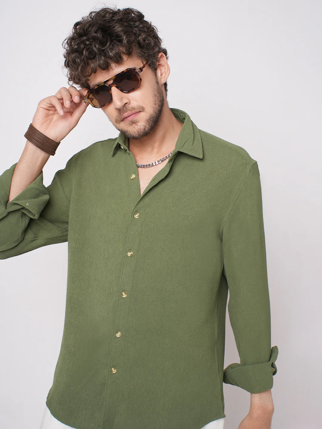 Crushed Olive Textured Crepe Shirt