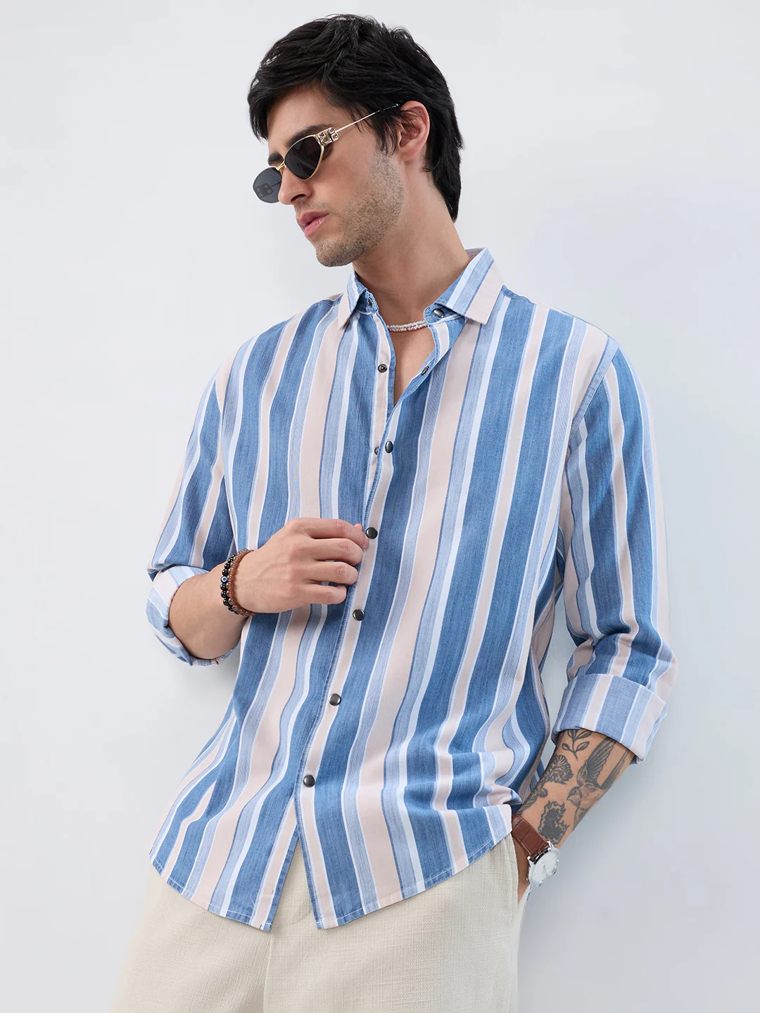Denim Blue & Peach Broad Striped Shirt