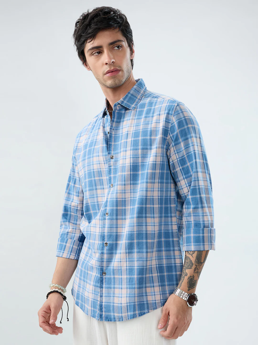 Denim Blue & Peach Plaid Checks Shirt - Image 5