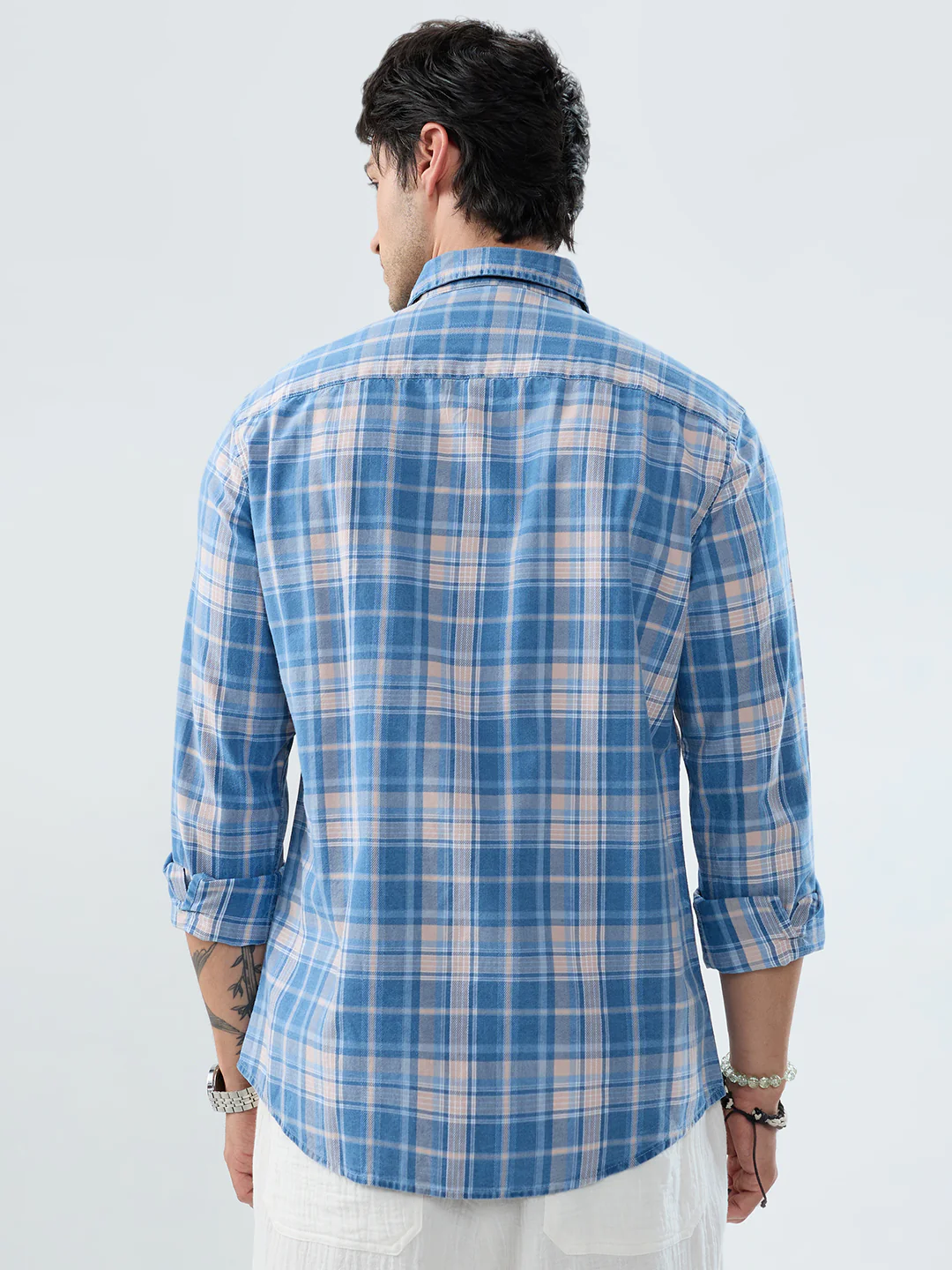 Denim Blue & Peach Plaid Checks Shirt - Image 6