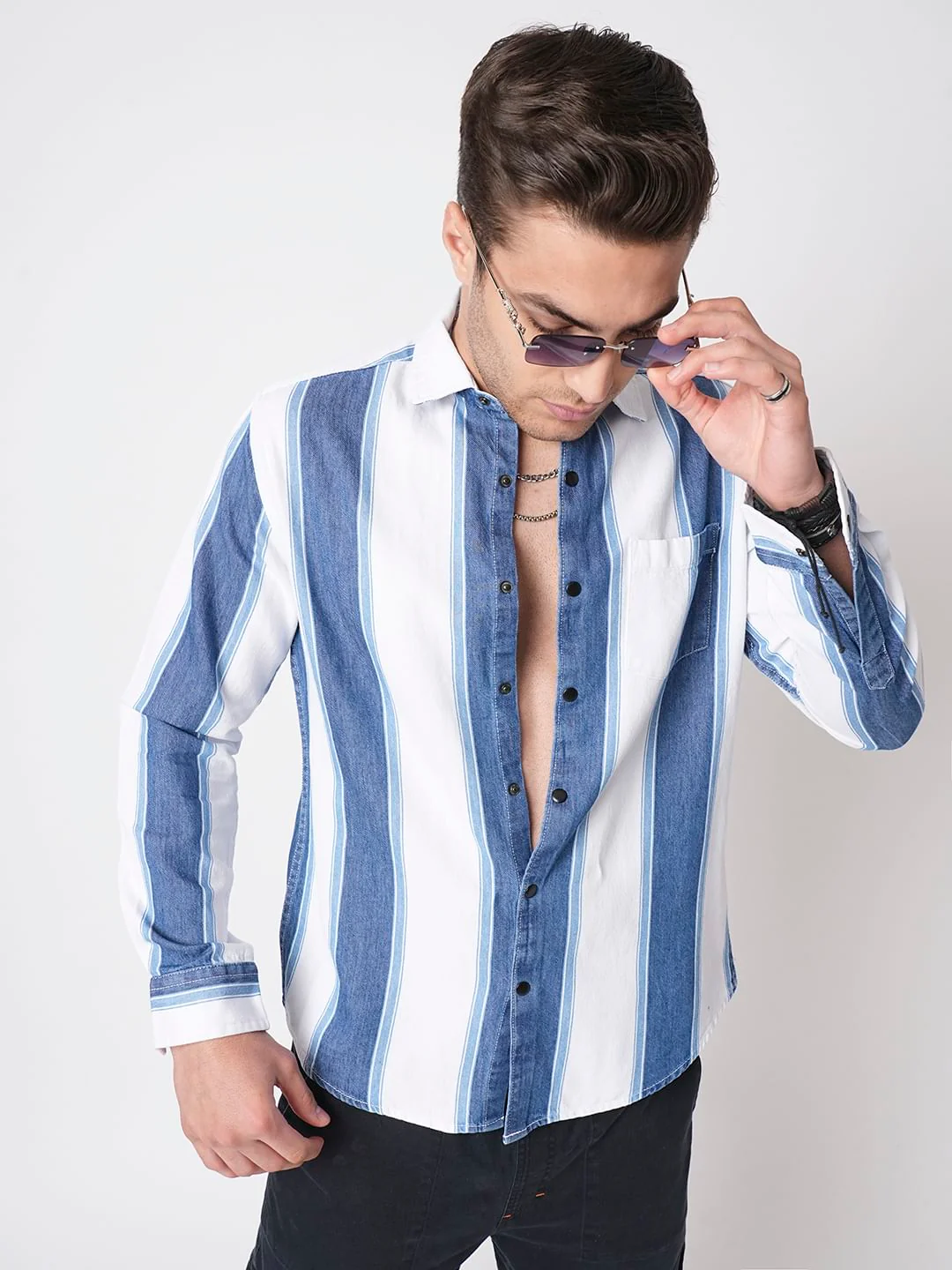 Denim Elegance Broad Stripe Shirt - Image 2