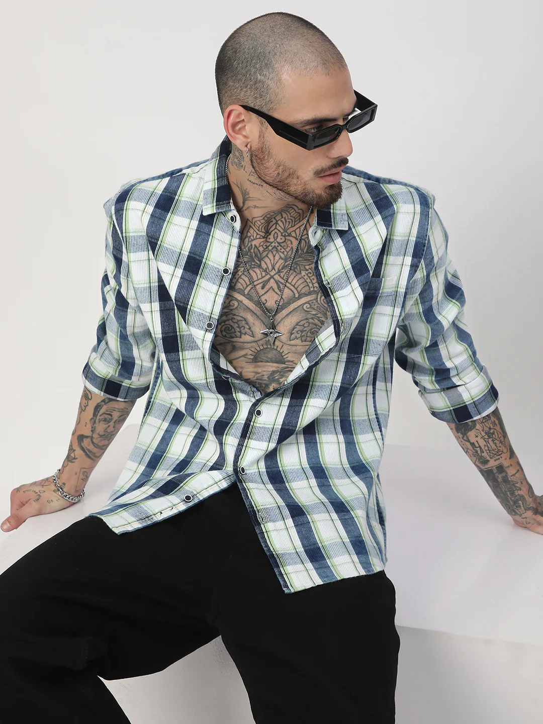 Denim Green & Navy Plaid Checks Shirt