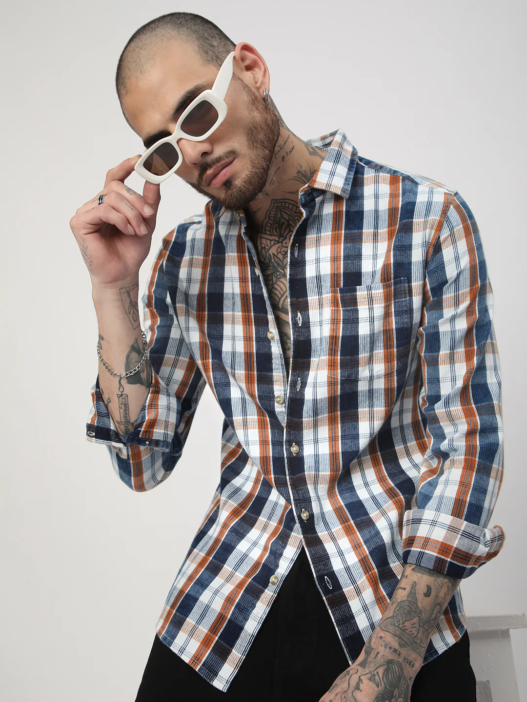 Denim Orange & Navy Plaid Checks Shirt