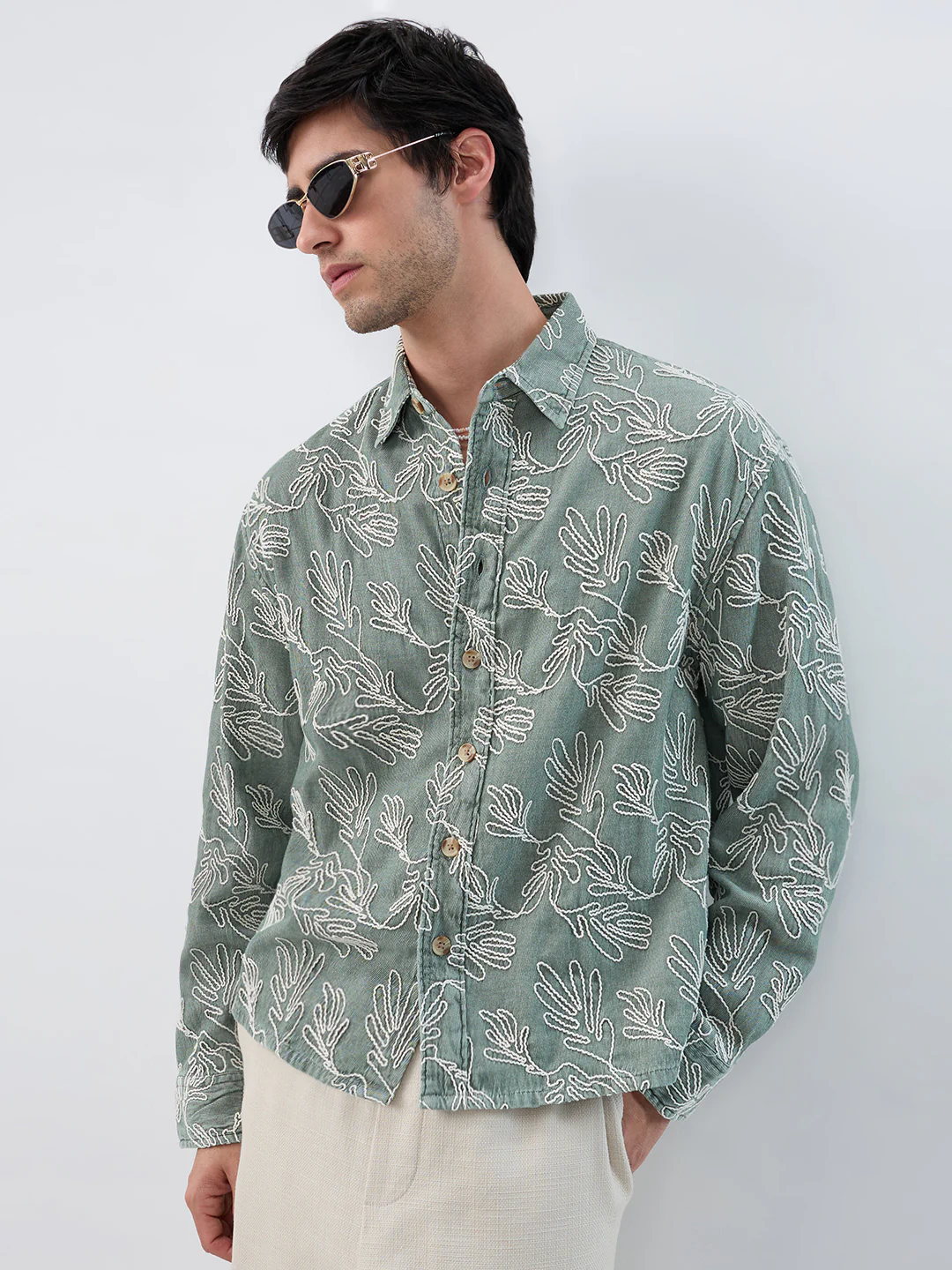 Denim Sage Green Artistic Embroidered Boxy Fit Crop Shirt