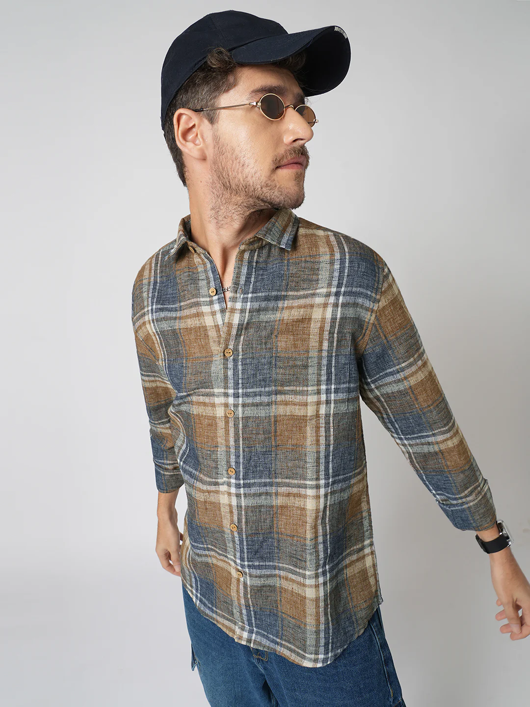 Desert Brown Grid Checks Linen Blend Shirt - Image 2