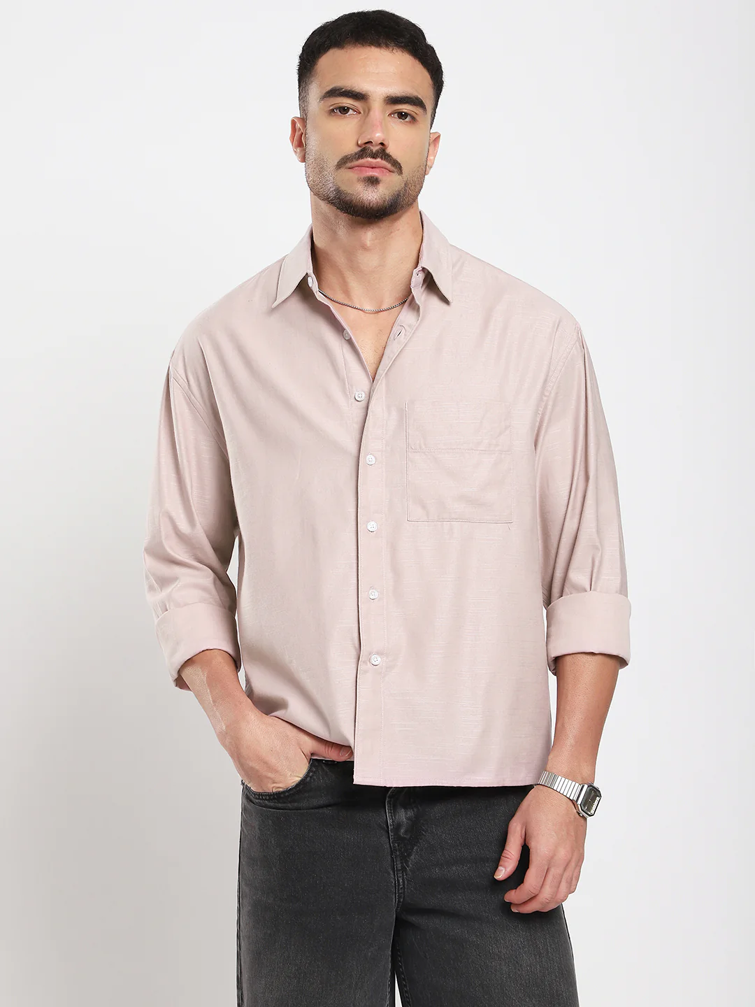 Dusty Pink Refined Slub Textured Boxy Fit Crop Shirt