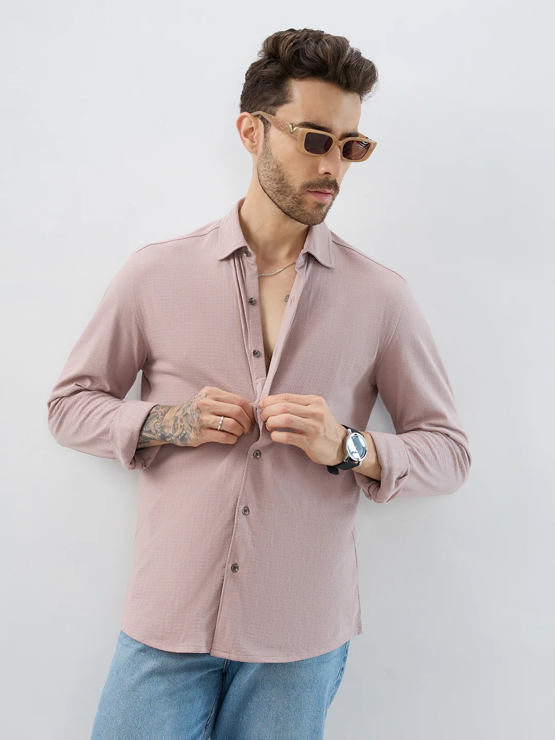 Dusty Rose Pink Textured Knit Shirt - Image 2