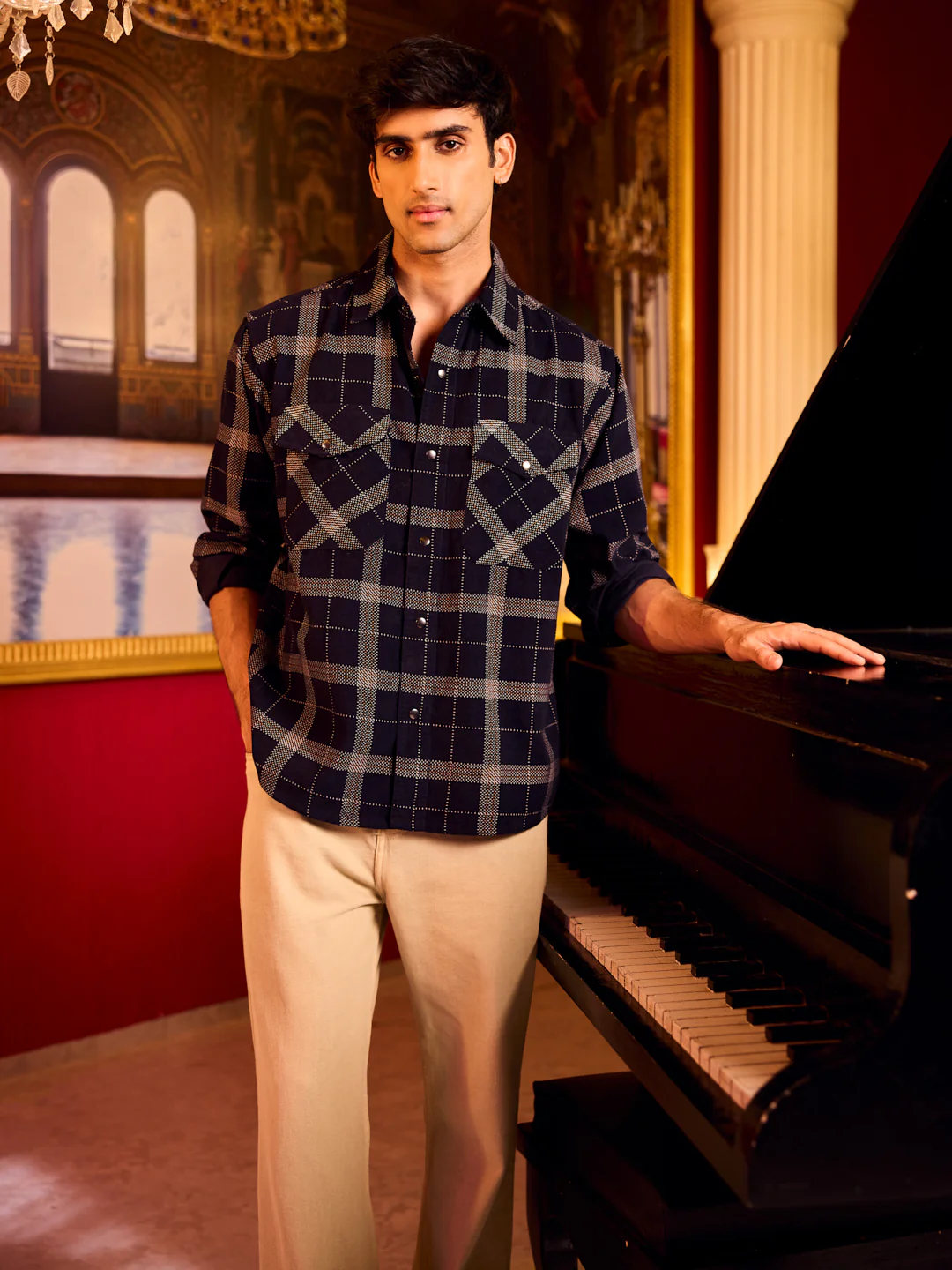 Elan Navy Dot Checks Double Flap Pocket Corduroy Overshirt - Image 3