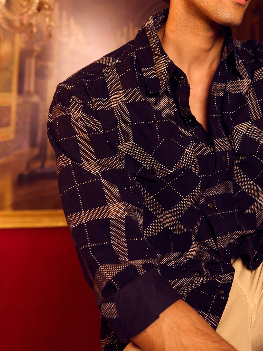 Elan Navy Dot Checks Double Flap Pocket Corduroy Overshirt - Image 4