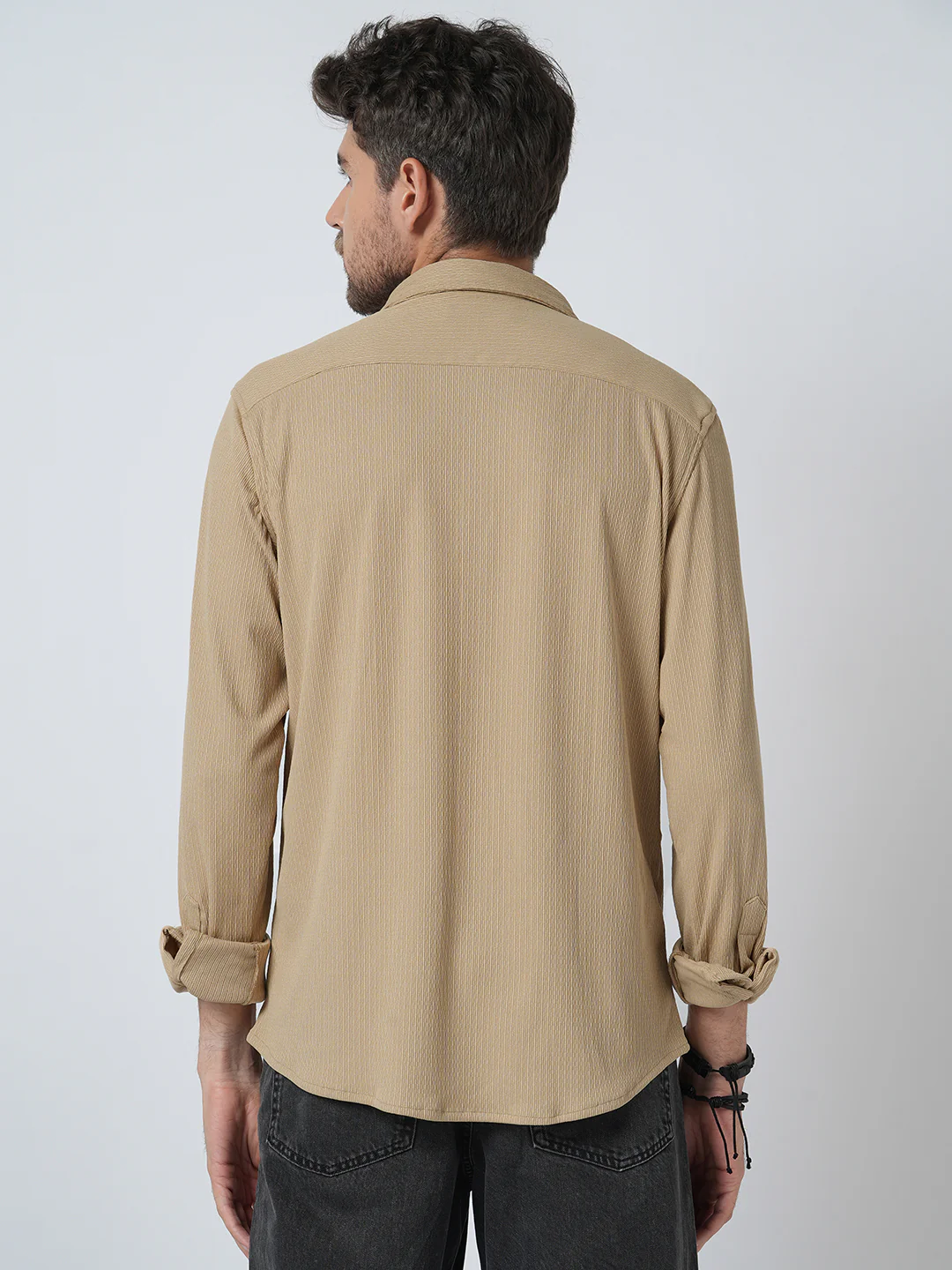 Elegant Beige Textured Knitted Shirt - Image 6
