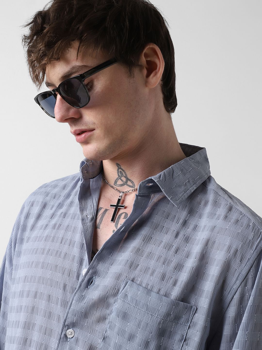 Elegant Powder Blue Dobby Striped Shirt - Image 2