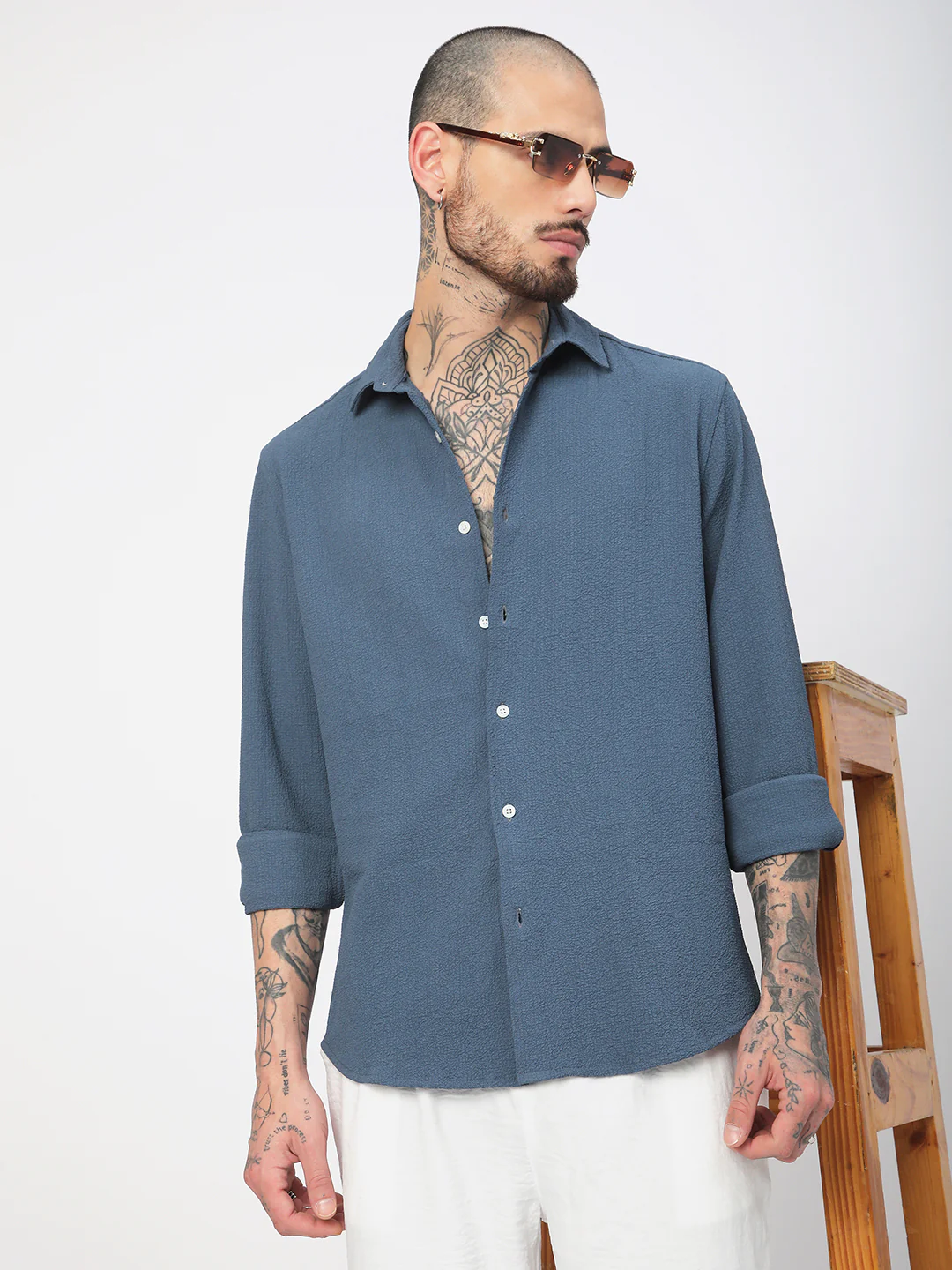 Elegant Prussian Blue Creased Shirt - Image 2