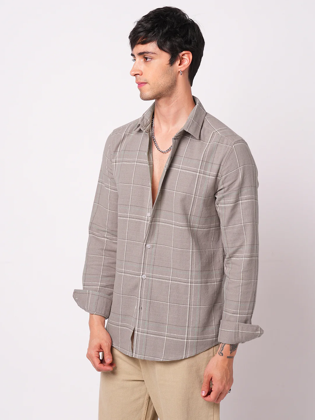 Elegant Taupe Brown Windowpane Checks Shirt - Image 5