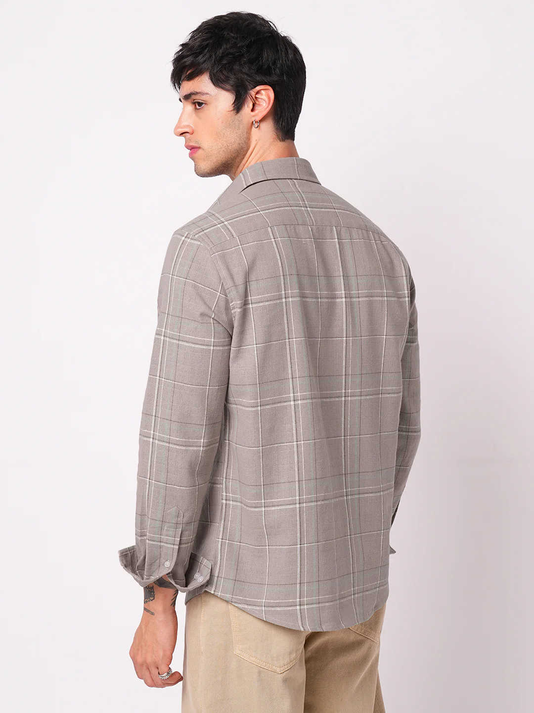 Elegant Taupe Brown Windowpane Checks Shirt - Image 6