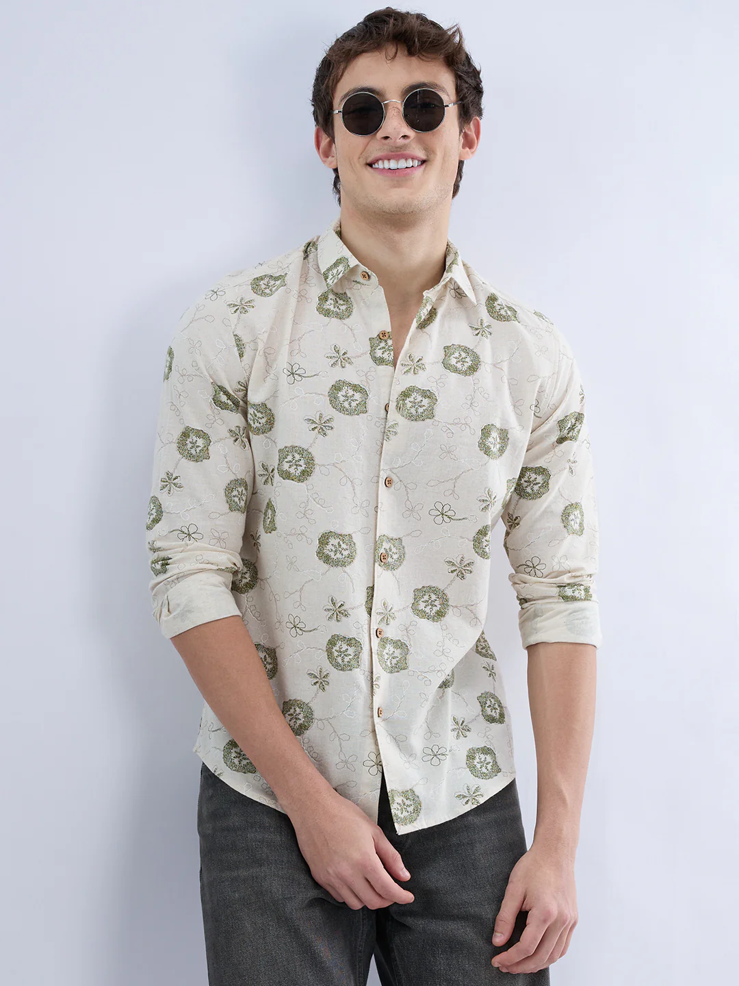 Elegant Warm Beige & Green Embroidered Linen Blend Statement Shirt - Image 2