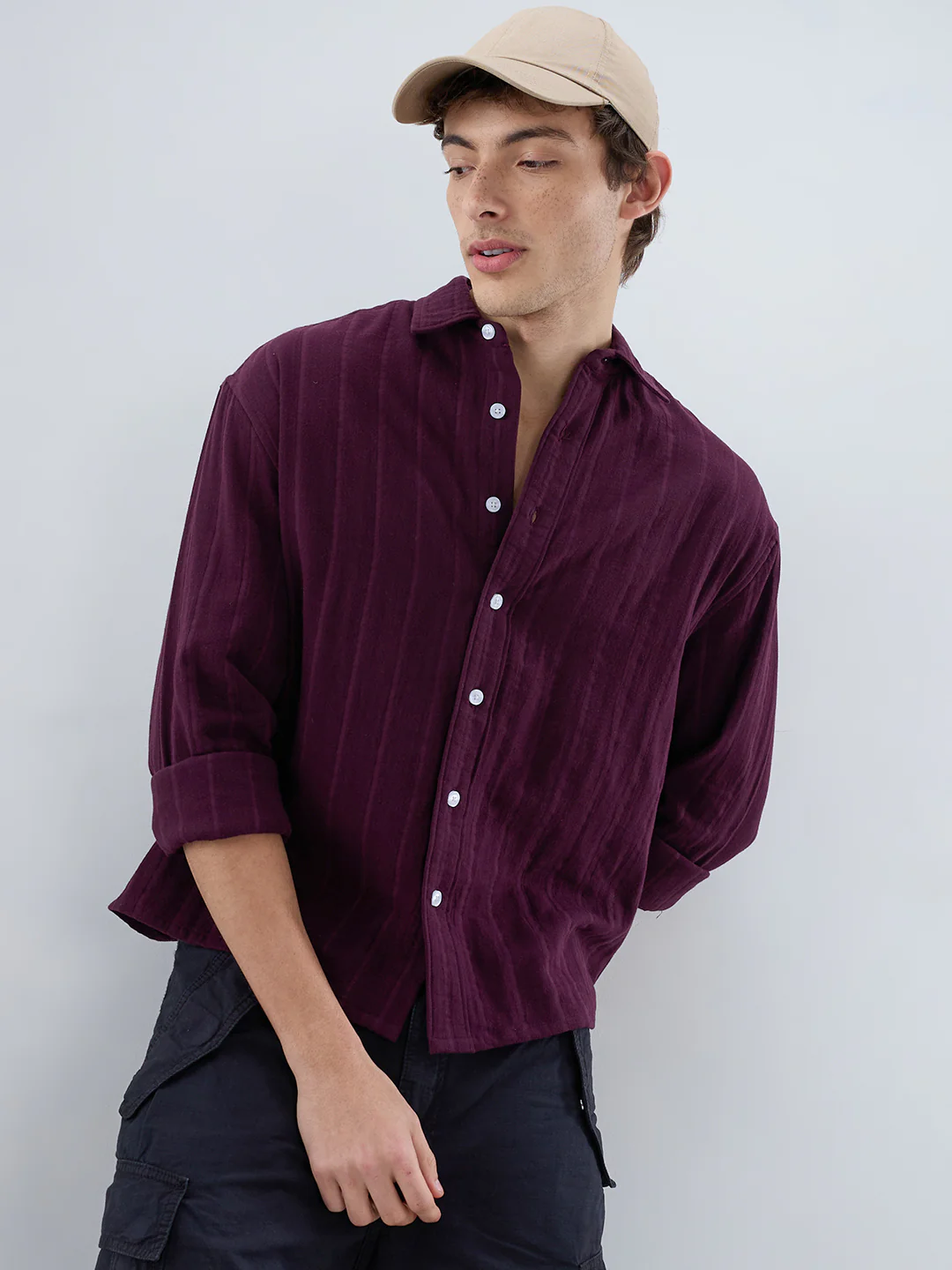 Elegant Wine Double Cloth Seersucker Striped Boxy Fit Crop Shirt
