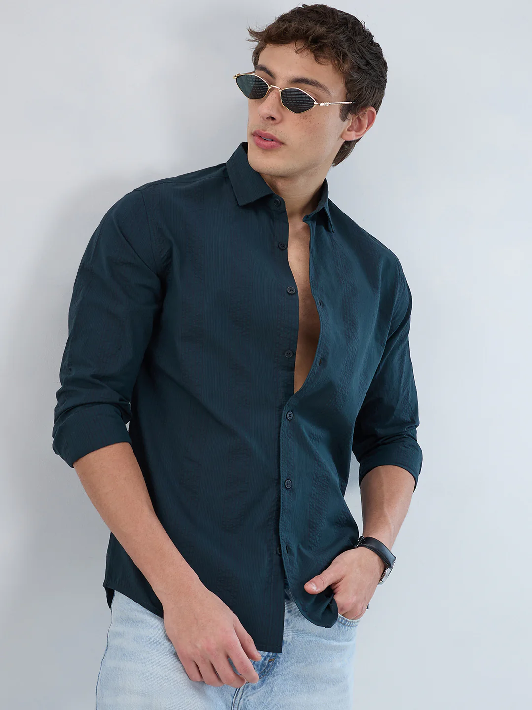 Emerald Green Striped Seersucker Shirt