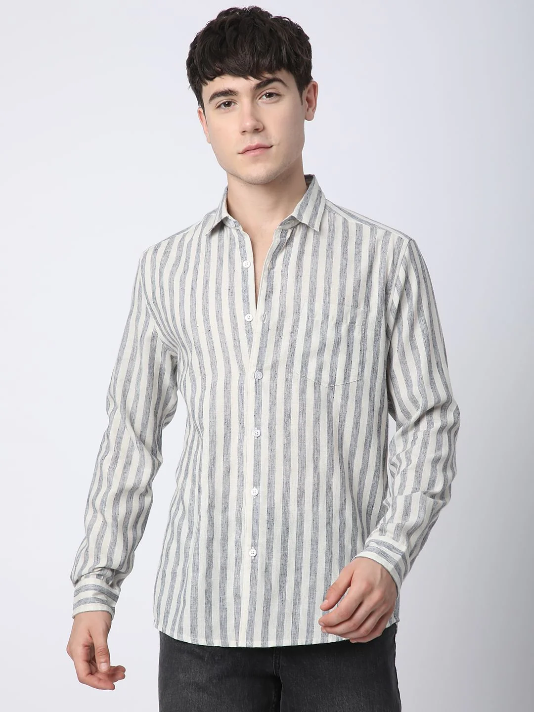 Faded Navy & Off-White Candy Striped Linen Shirt - Image 4