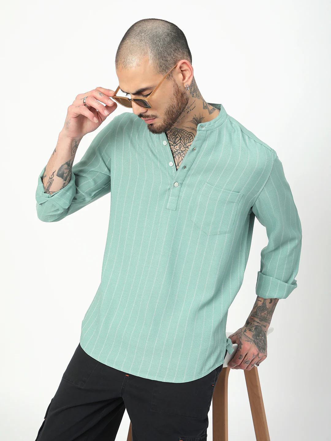 Fern Green Chalk Striped Kurta