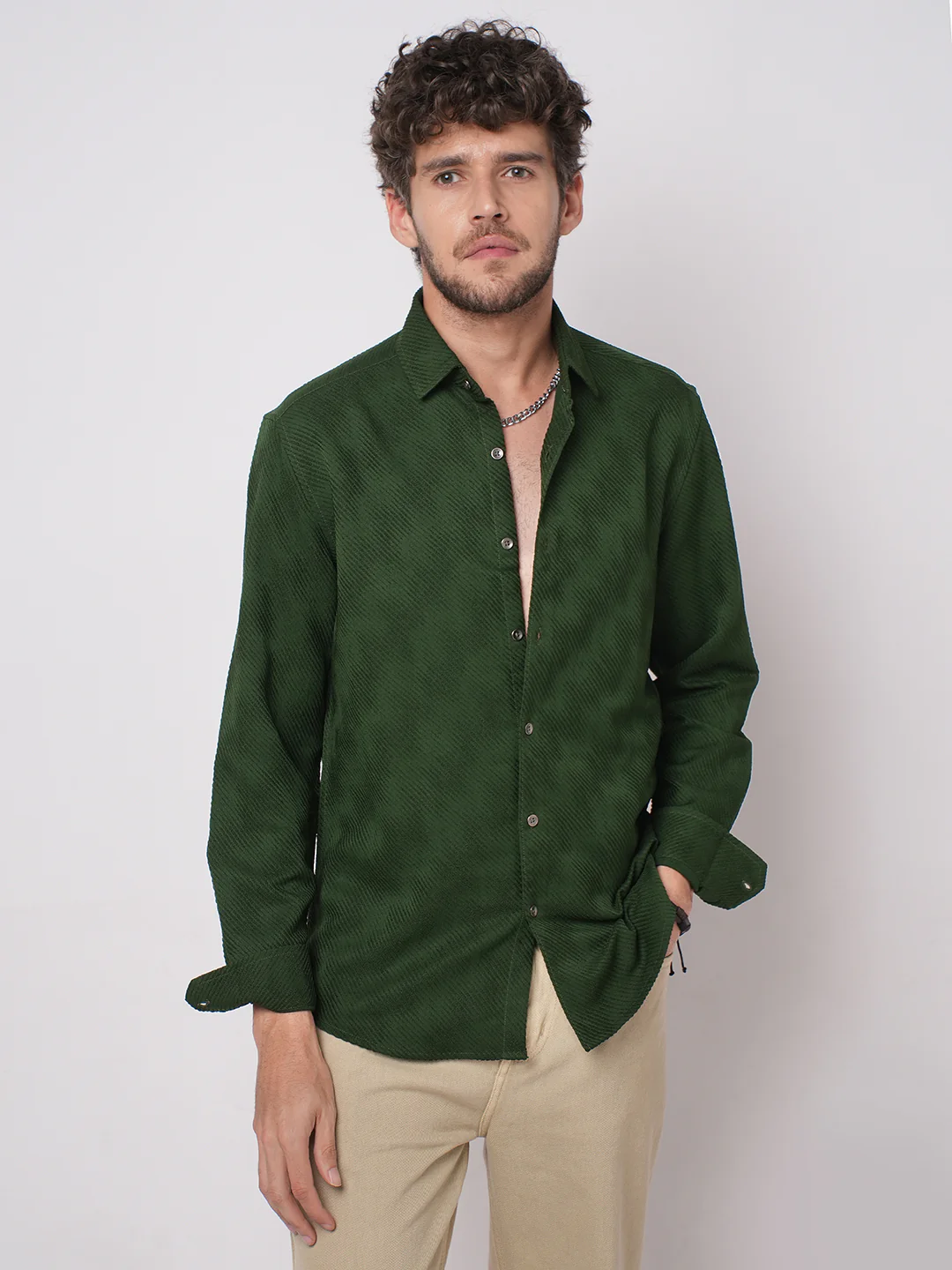 Forest Green Diagonal Striped Textured Shirt - Image 5