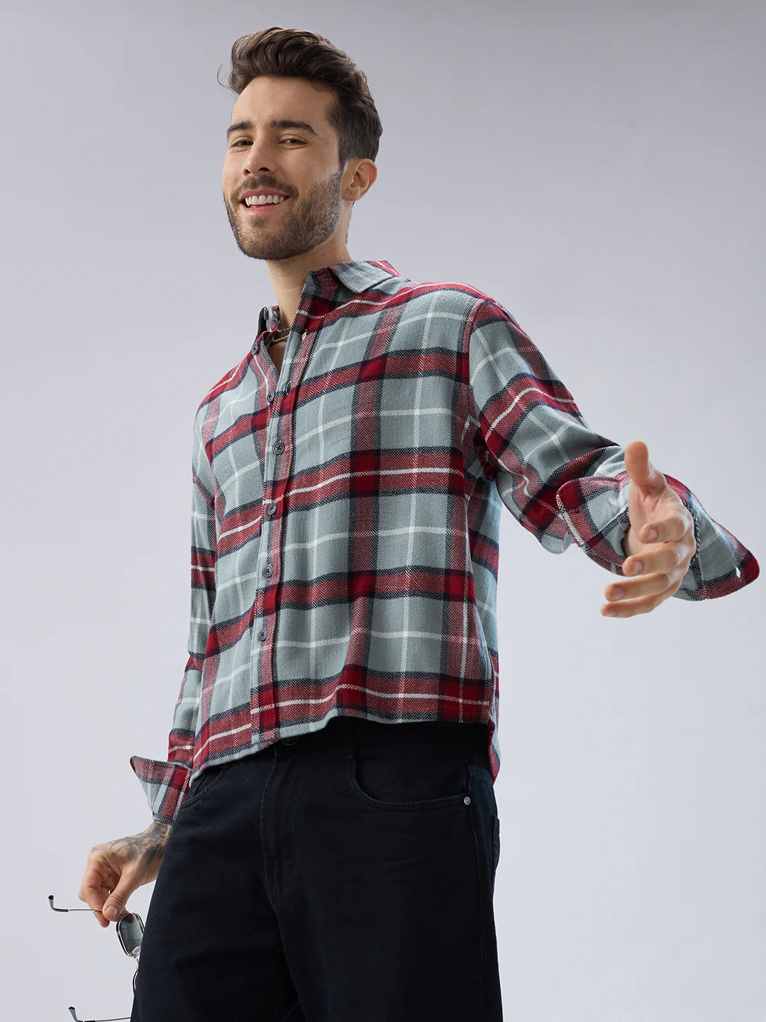 Forest Mist Rust Checks Boxy Fit Cropped Flannel Shirt - Image 2
