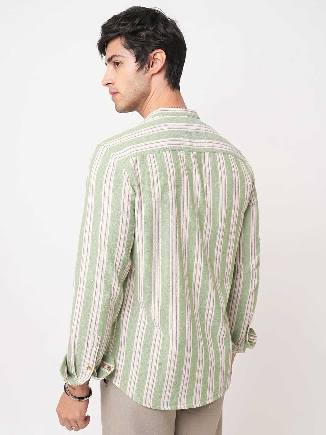 Green & White Vertical Stripes Mandarin Shirt - Image 6