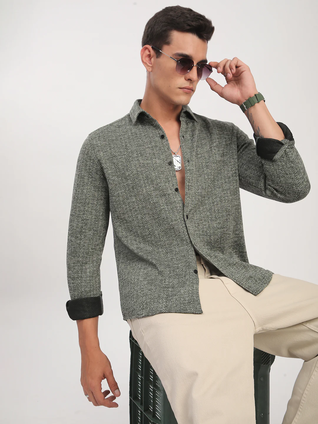 Green Textured Knitted Shirt - Image 4