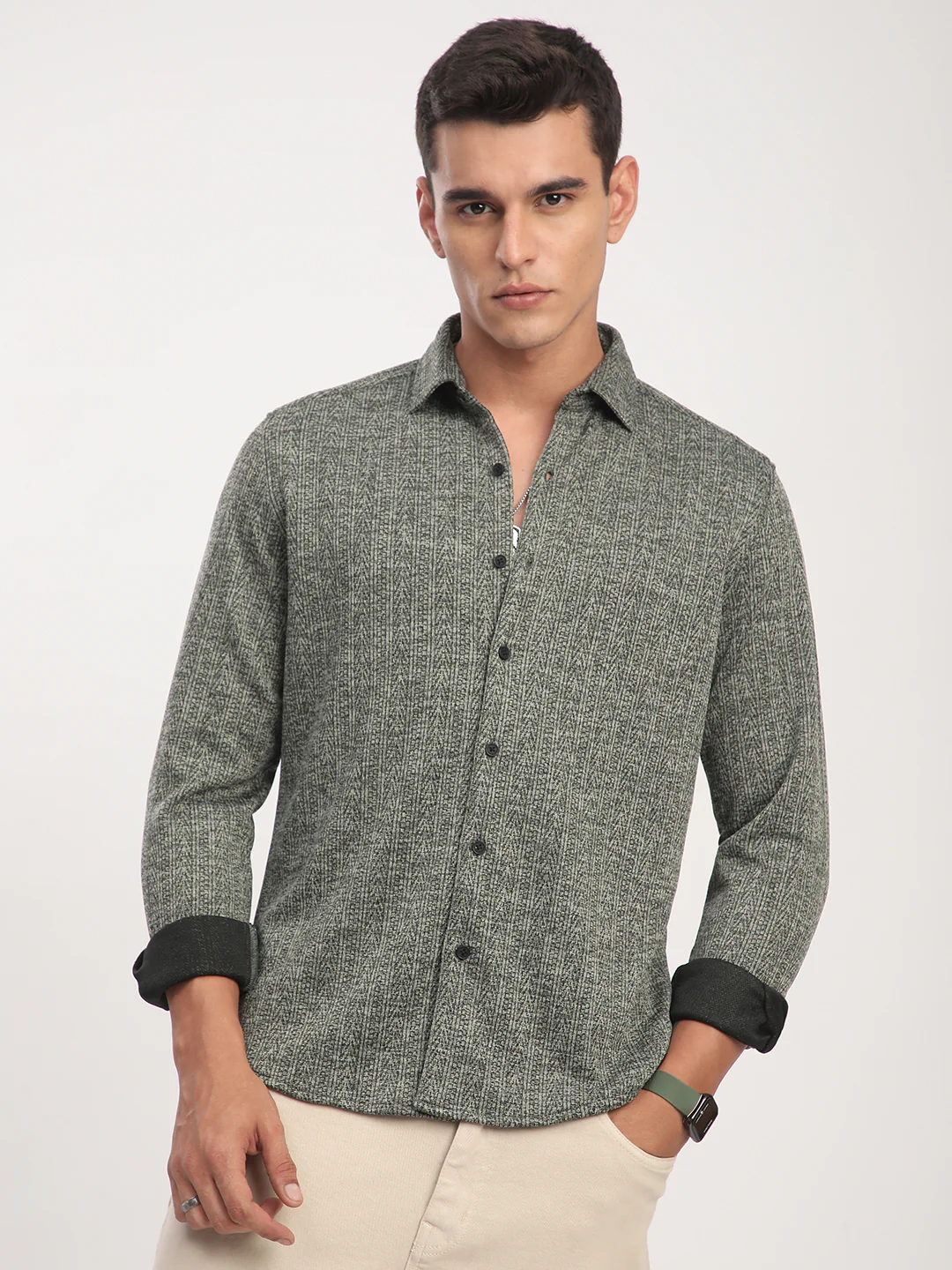 Green Textured Knitted Shirt - Image 5