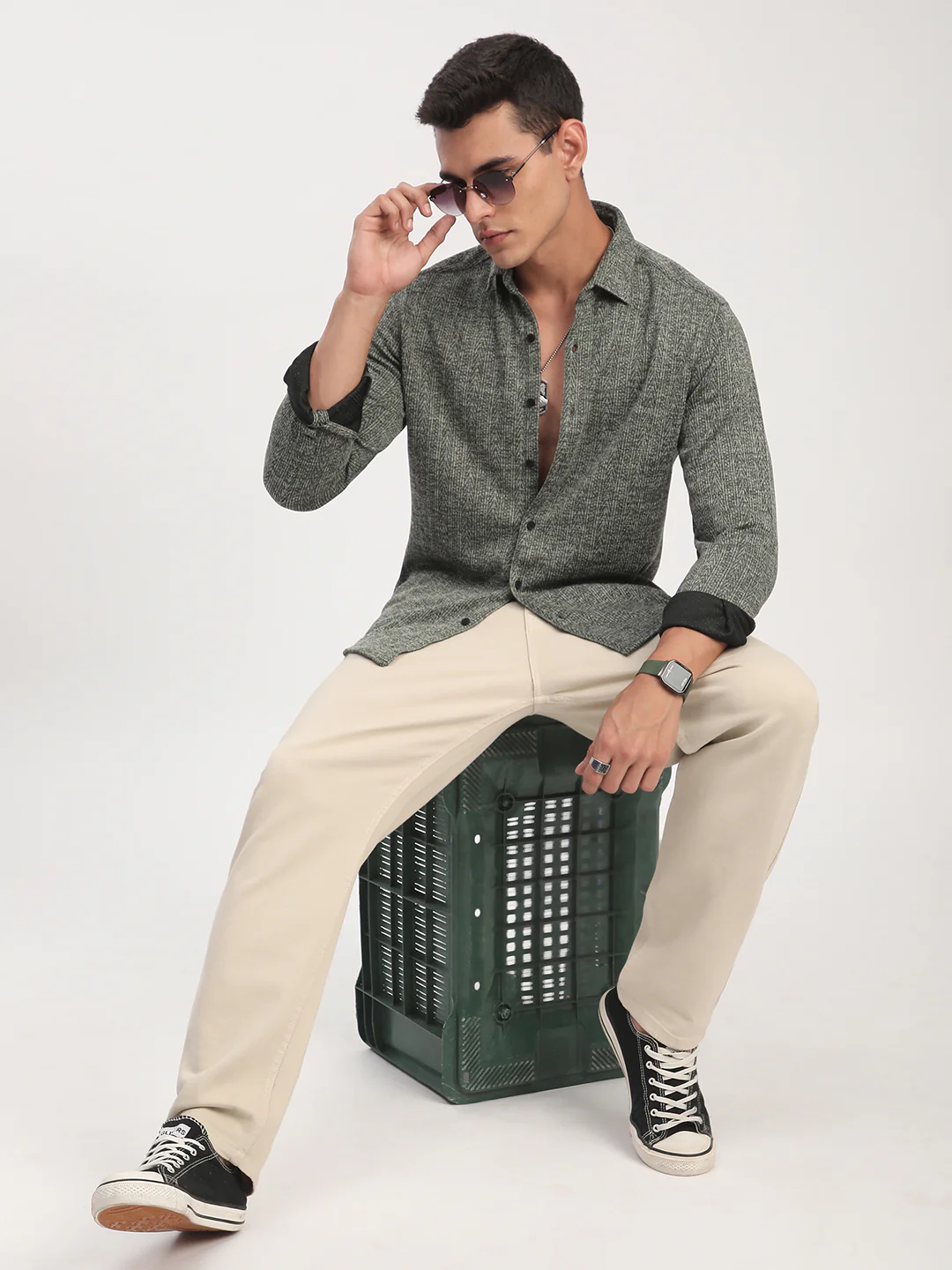 Green Textured Knitted Shirt - Image 8