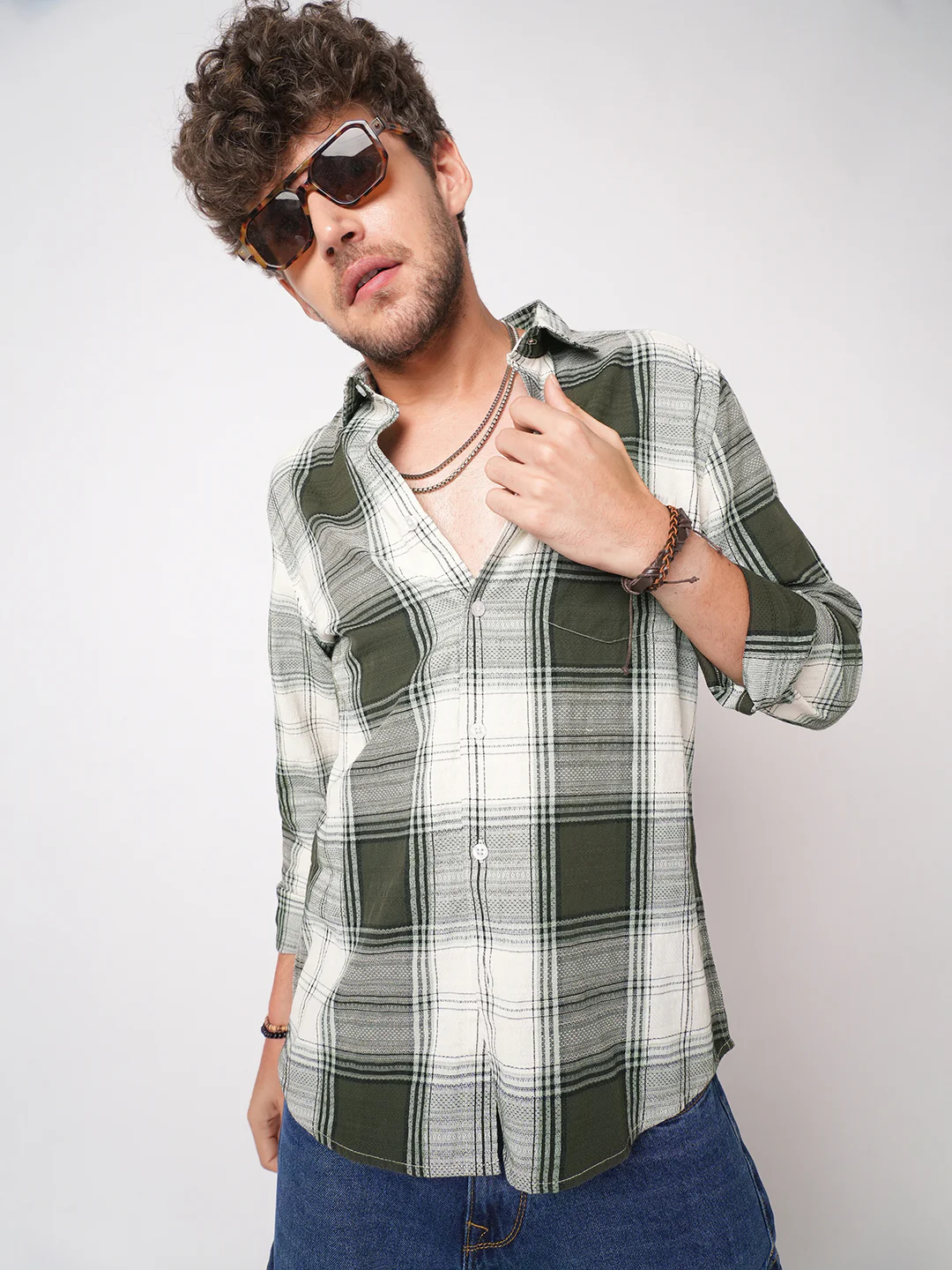Green & White Precision Weave Checks Jacquard Shirt - Image 4