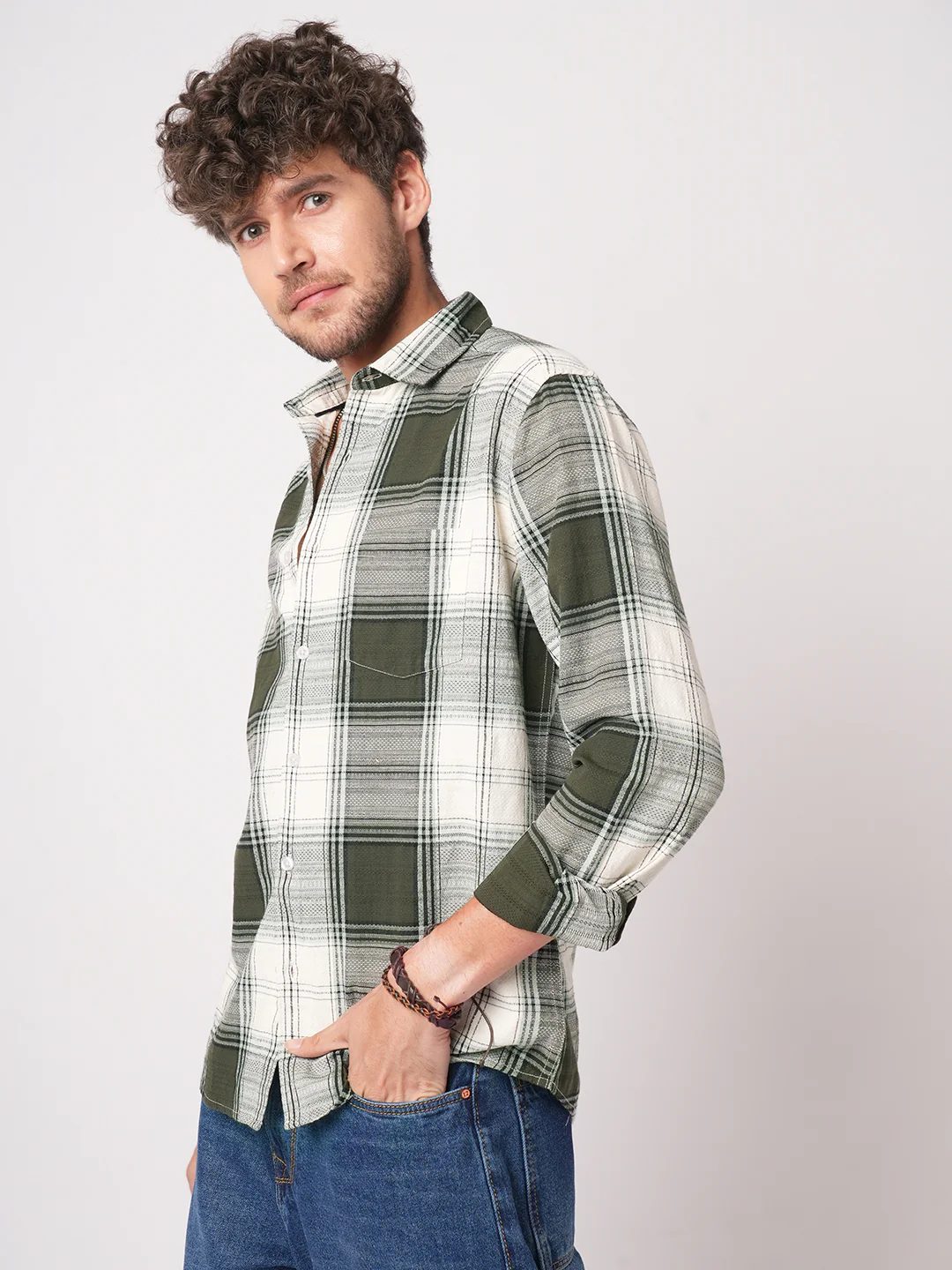 Green & White Precision Weave Checks Jacquard Shirt - Image 5