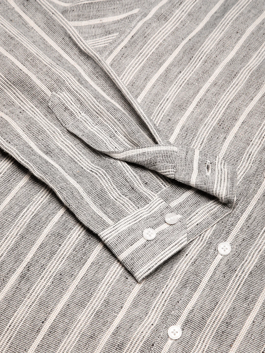 Grey Cloud Striped Mandarin Linen Blend Shirt - Image 9