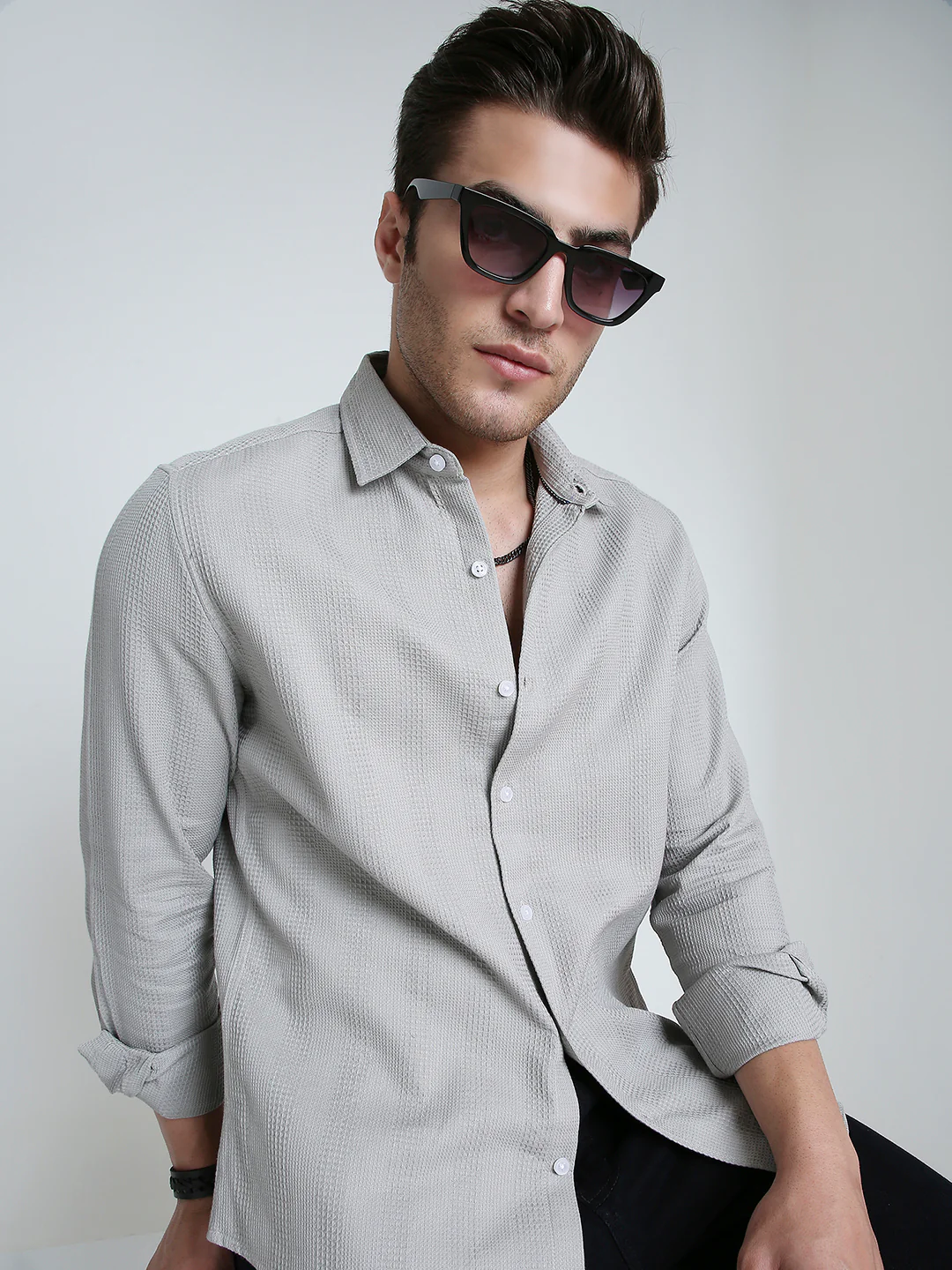 Grey Haze Waffle Grid Weave Shirt