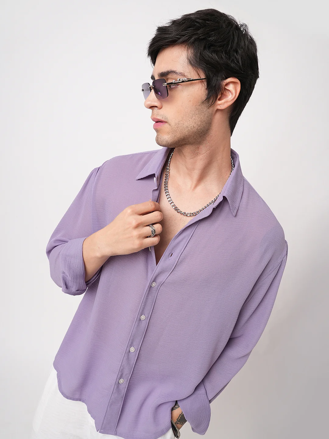 Heather Purple Crinkled Boxy Fit Crop Shirt - Image 2